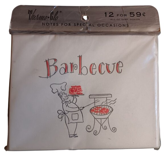 Vintage Thermo-Glo Barbecue Party Invitations 1960's 12 Cards Envelopes NEW DS - Picture 1 of 3